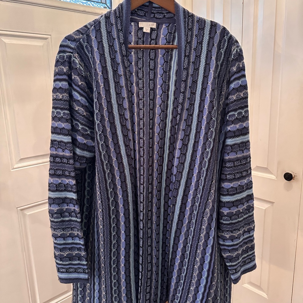 J. Jill Blue and Navy Open-Front Striped Knit Cardigan